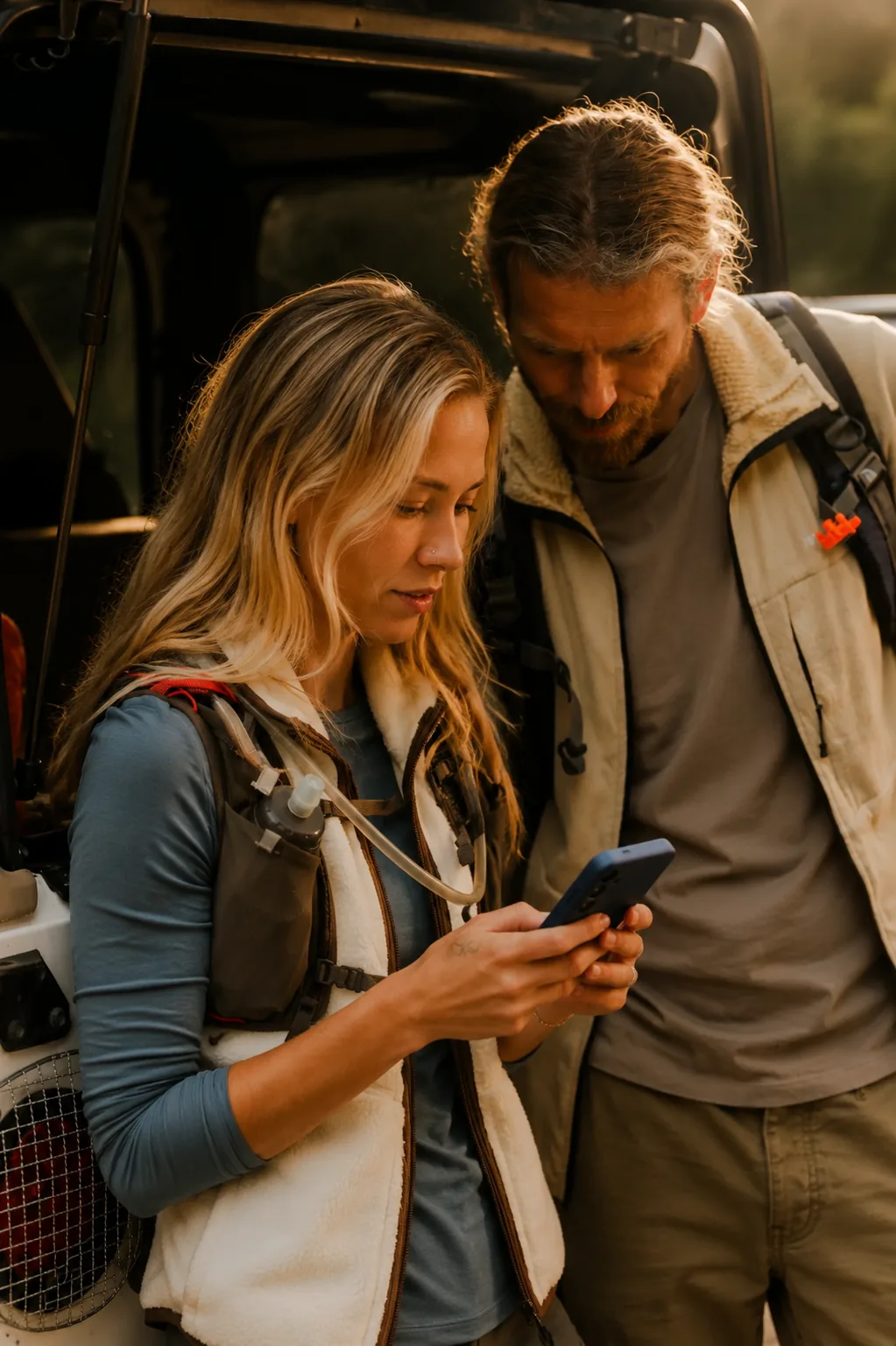 Refer a Friend campaign imagery: a couple looking at a phone together at a truck tailgate. AI-generated, art directed by Michael James Clarke
