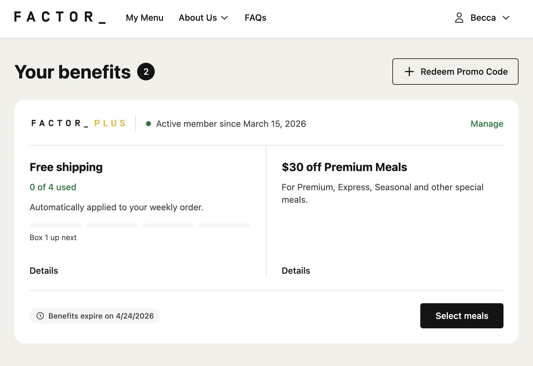 Factor+ membership hub showing active member status, free shipping usage, premium meal credit, and benefit expiry