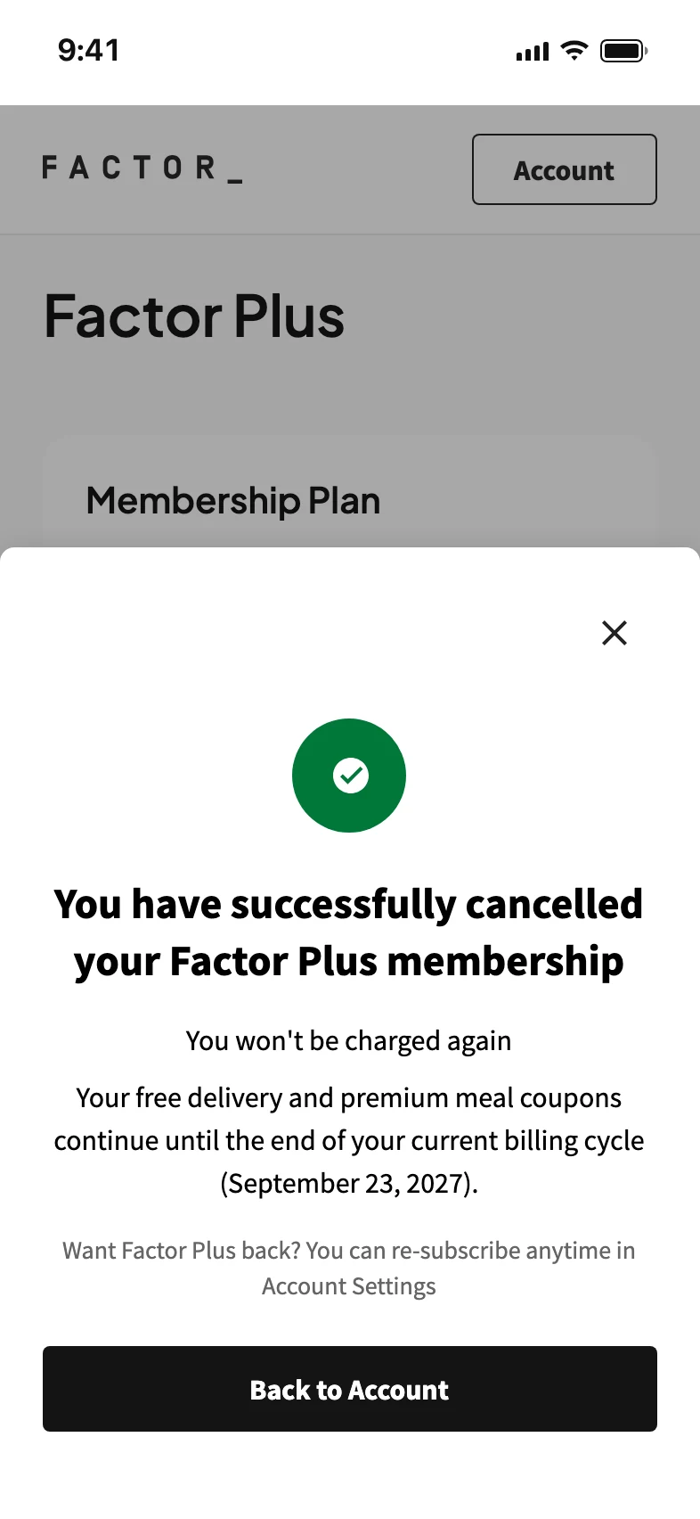 Confirmation that the membership is cancelled: no more charges, and free delivery and premium meal coupons continue to the end of the billing cycle