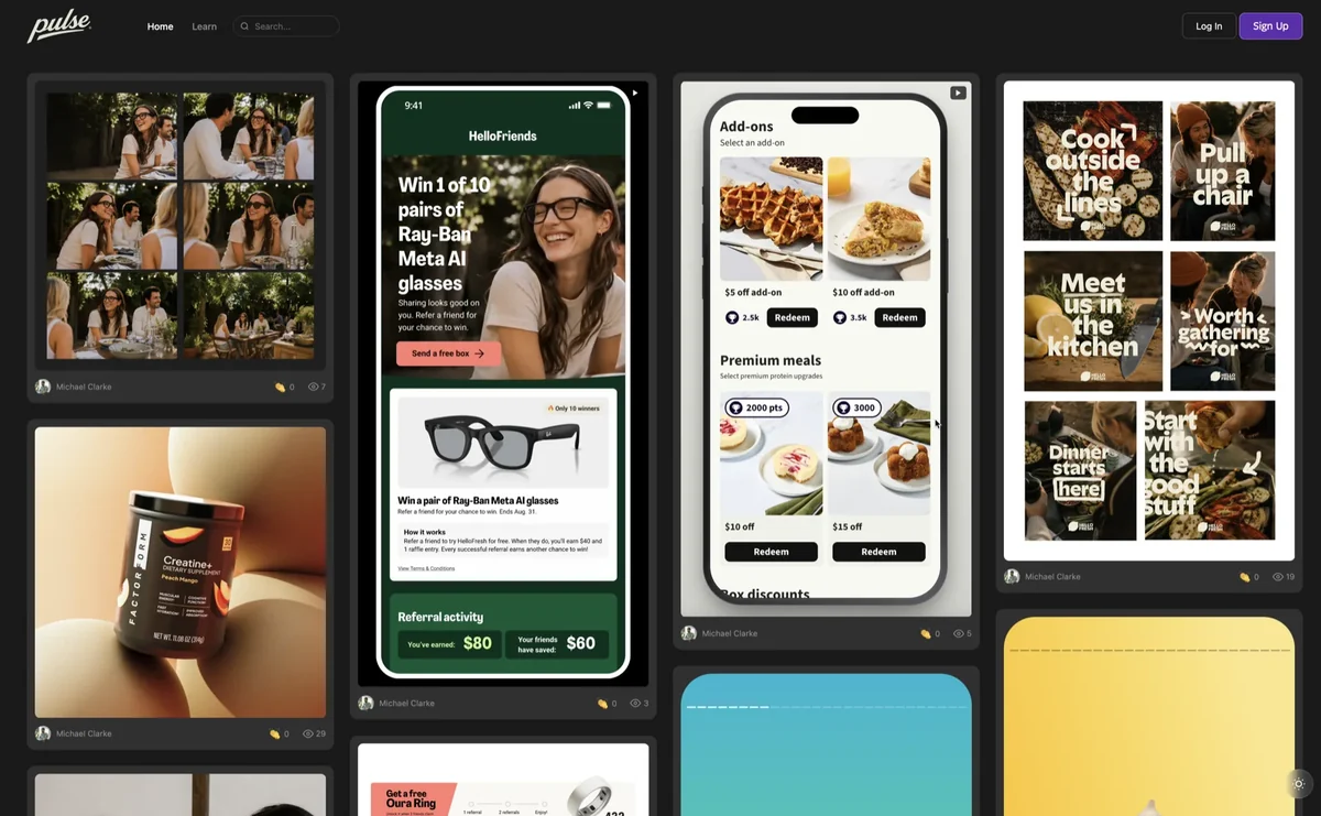 The Pulse feed: design work posted by teams across HelloFresh brands, with reactions and comments