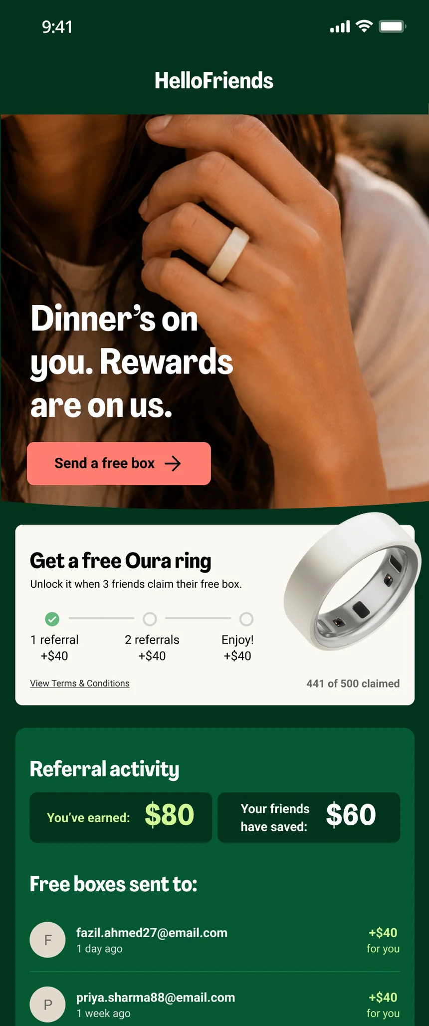 Referral-page design reference: Dinner’s on you, rewards are on us, with a Send a free box button, a free Oura ring unlocked when three friends claim, and a referral activity panel listing the friends already sent a box