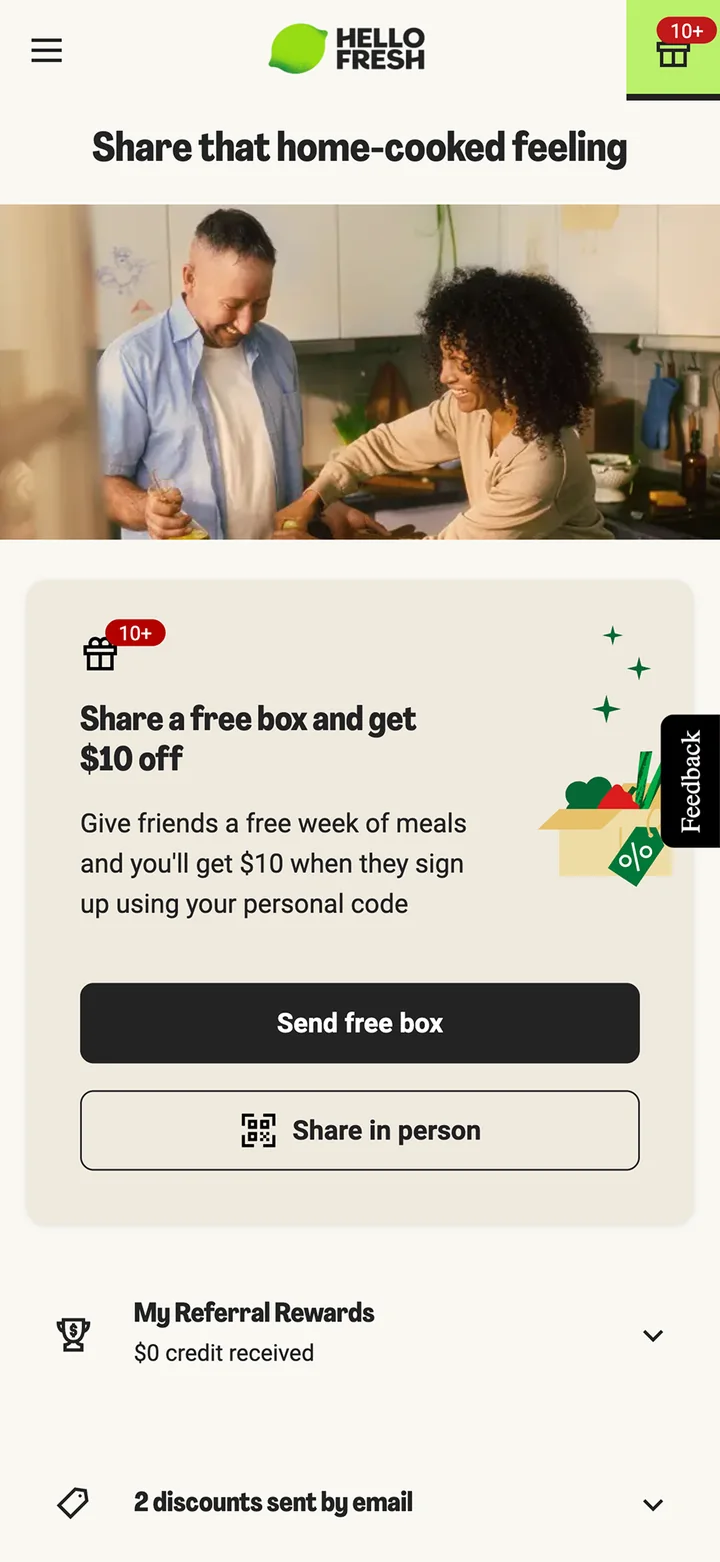 The old referral page: Share a free box and get $10 off, with a Send free box button