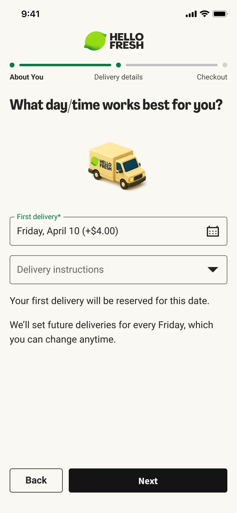 Step two: choosing the first delivery day and time