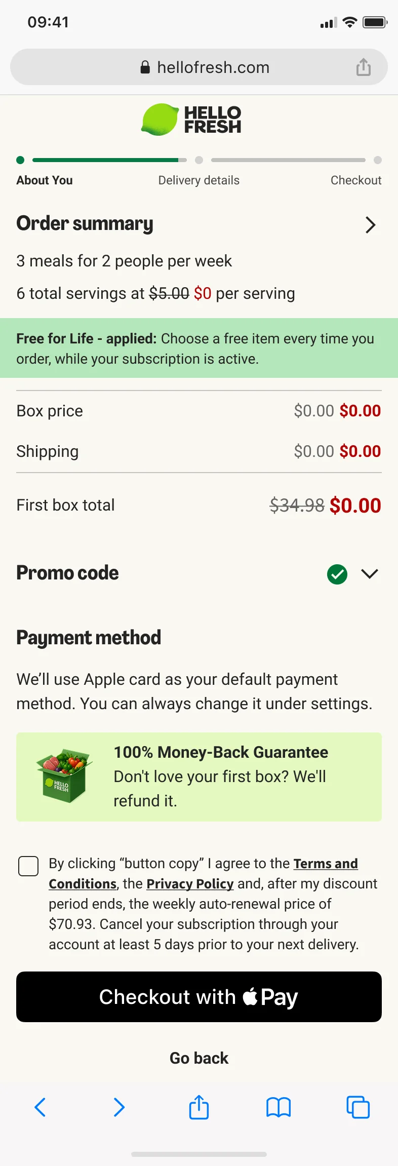 Step three: order summary showing the first box total reduced to zero