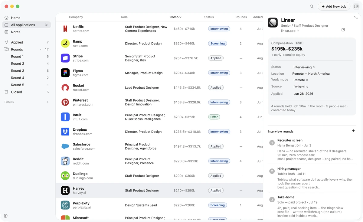 The Rounds Mac app: a table of applications with company, role, compensation and status, beside a detail panel showing one company's interview rounds