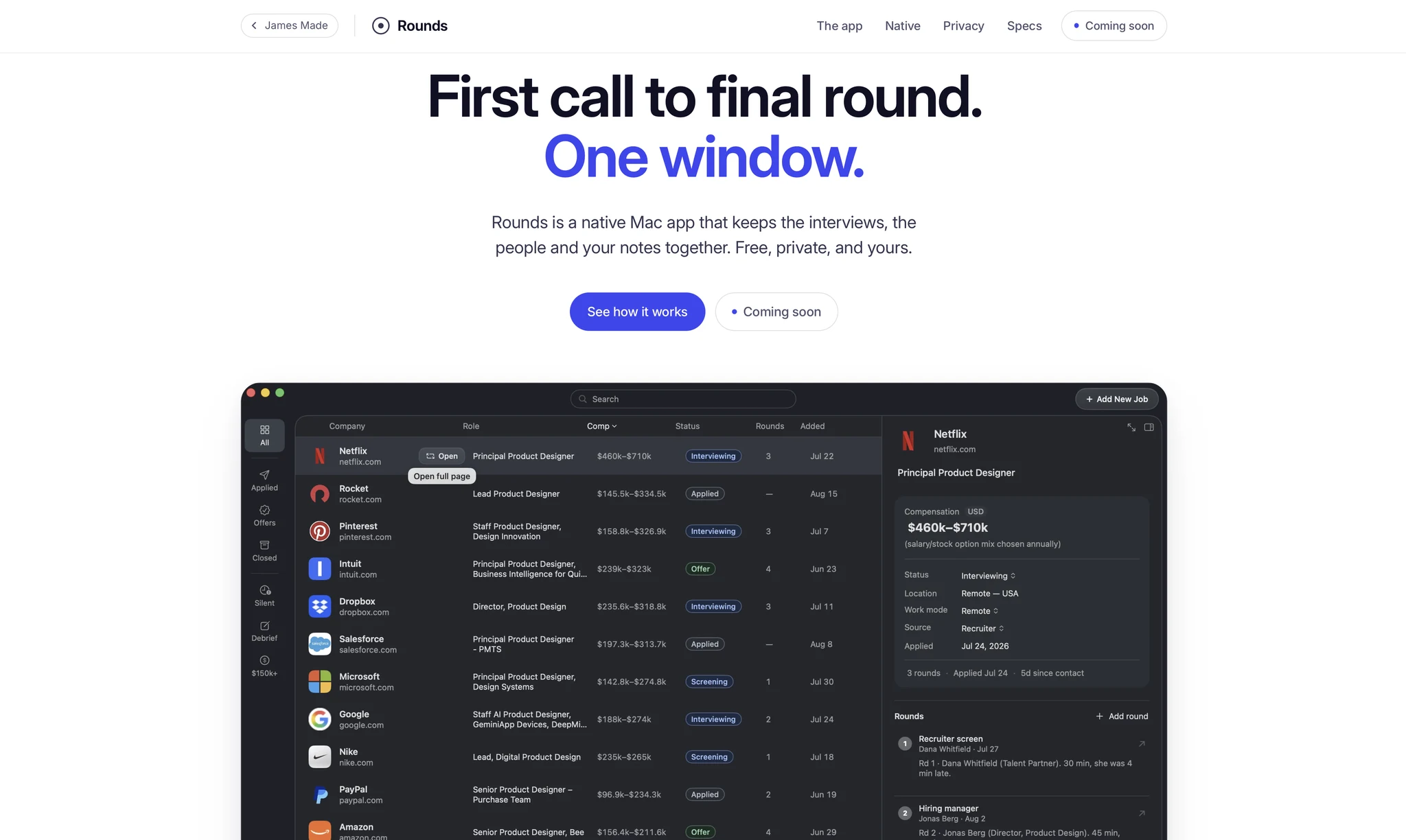 The Rounds product page, showing the Mac app tracking applications and interview rounds